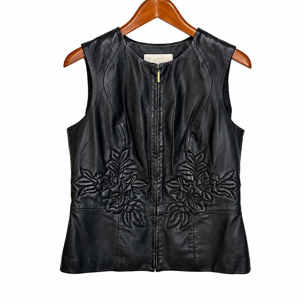 Margaret Godfrey Black Leather Vest Floral Embroidered Peplum Zip Front Size 10